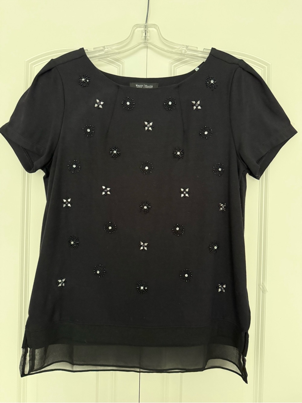 White House Black Market Black Embellished Short Sleeve Blouse with Chiffon Hem